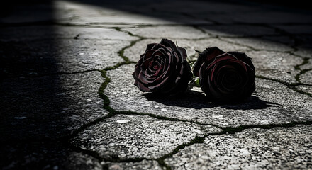 Two Black Roses on Cracked Concrete Surface With Harsh Lighting and Grunge Texture Emphasizing Themes of Rebellion and Darkness