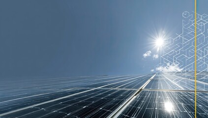 Solar panels against a clear blue sky with graphic overlay