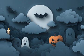 Papercut Halloween scene moon clouds bats candle pumpkin and ghosts