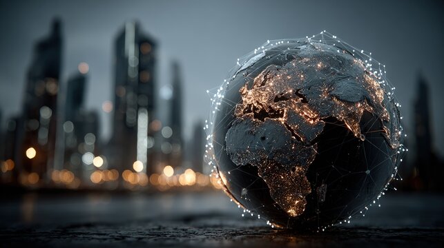 Digital Globe Amidst a Cityscape A Conceptual Image Depicting Global Connectivity & Urban Growth.