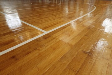 Polished wooden basketball court floor, close-up view of lines and grain