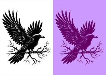 Black and White Ink Illustration of a Raven with Wings Spread on a Bare Tree Branch
