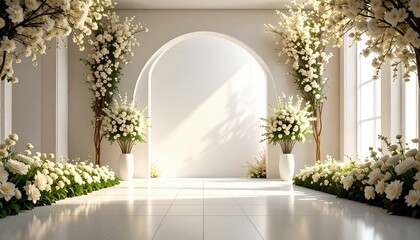 Elegant floral decoration for wedding ceremony indoor venue photography bright and airy environment front view romantic atmosphere