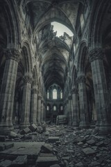 Destroyed Gothic Cathedral with Collapsed Central Dome and Rubble