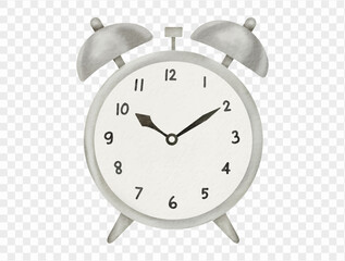 Classic silver desk alarm clock in watercolor style. Vector.
