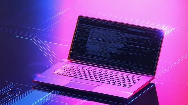 Modern laptop showing programming code in neon light