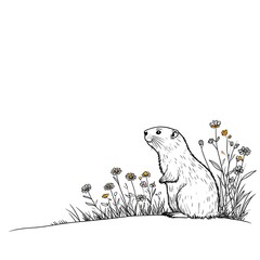 A prairie dog sits amidst wildflowers, sketched in black and white, against a white background