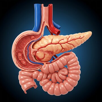 the human pancreas and duodenum, focusing on their structure and vascular supply against a dark, contrasting background for emphasis.