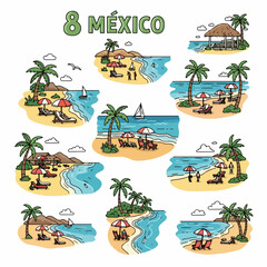 Mexico beach vacation scenes with palm trees and umbrellas