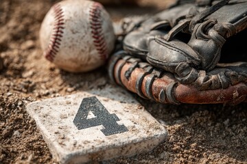 Baseball glove and ball on a dirt infield