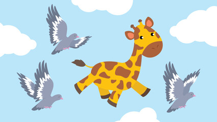 Cute cartoon giraffe and pigeons flying in the sky.