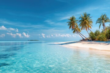 Tropical paradise beach scene.  Turquoise water laps gently onto a pristine, white sand beach. 