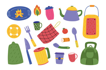 Camp Collection Essentials: An artistic collection of camping gear illustration includes the flame, teapot, mug, knife, lantern, plates and bag. capturing a warm, safe, and nature feel.