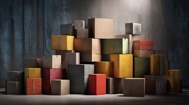 Stacked cardboard boxes in various sizes and colors, lit by a spotlight, against a textured concrete wall - Powered by Adobe