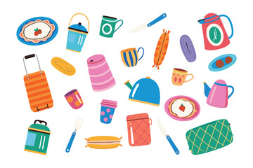 Kitchenware Collection: a vibrant assortment of kitchen essentials, from ceramic tableware to the latest kitchen appliances, is artistically arranged, ready for home and culinary projects.