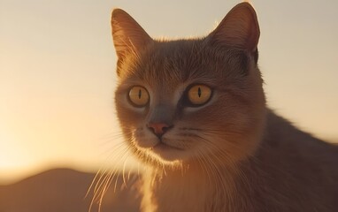 Golden Hour Cat Portrait Sunset Fluffy Pet Animal