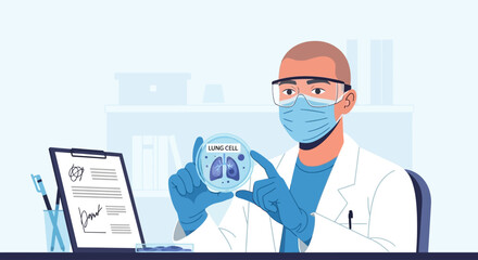 A scientist in a lab coat and mask examines a petri dish with a lung graphic.