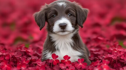 Adorable Puppy in Red Clover Flowers, Cute Dog Portrait