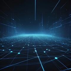 Obraz premium Digital grid of a futuristic network with glowing nodes and light streams. Abstract blue technology background representing cyberspace and information flow.