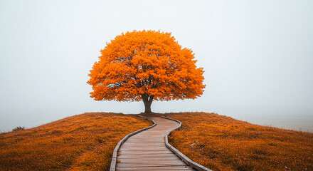 Vibrant orange tree on a hilltop with a winding path