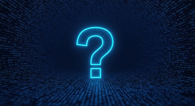 Glowing blue neon question mark in a futuristic digital tunnel made of code