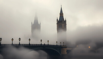 Massive twin Gothic spires loom over a fog-covered riverbank, their tops hidden by clouds. Dim lanterns flicker on an old iron bridge below, casting long reflections into the swirling.