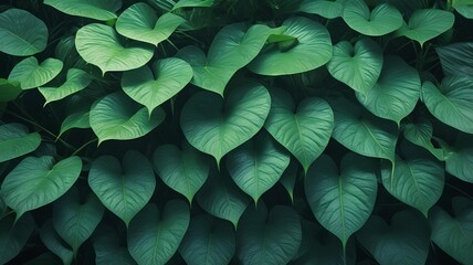 Obraz premium Lush wall of vibrant green heart-shaped leaves forming a natural romantic pattern. A botanical background for love and nature.