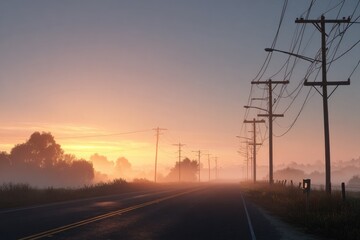 Misty sunrise over a rural road lined with power poles (2)