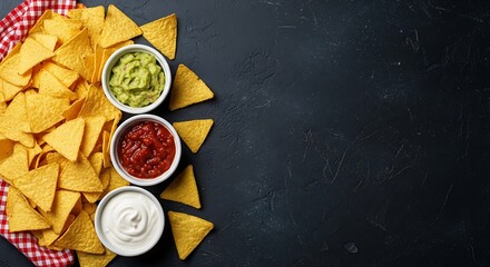 Delicious tortilla chips with guacamole salsa and sour cream dips