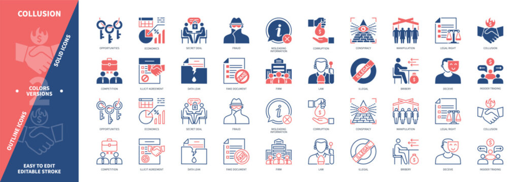 Collusion icon set. Conspiracy, Manipulation, Data Leak, Secret Deal, Fraud, Fake Document, Bribery, Deceive. Duotone color solid and editable outline icons