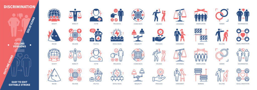Discrimination icon set. Racism, Harassment, Social Issue, Inequality, Violence, Manipulation, Gender, Unfairness. Duotone color solid and editable outline icons
