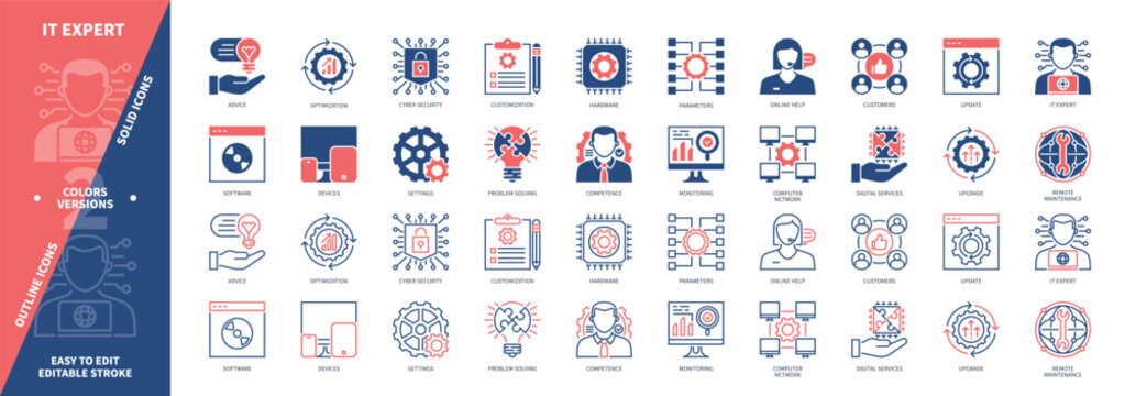 IT expert icon set. Settings, Advice, Online Help, Update, Remote Maintenance, Parameters, Upgrade. Duotone color solid and editable outline icons