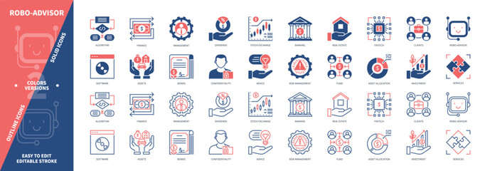 Robo Advisor icon set. Advisor, Investment, Software, Algorithm, Fintech, Management, Asset Allocation, Consulting. Duotone color solid and editable outline icons