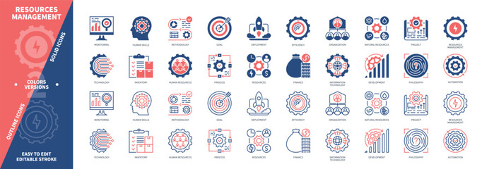 Resources Management icon set. Resources, Information Technology, Automation, Human Resources, Project, Inventory, Skills, Development. Duotone color solid and editable outline icons
