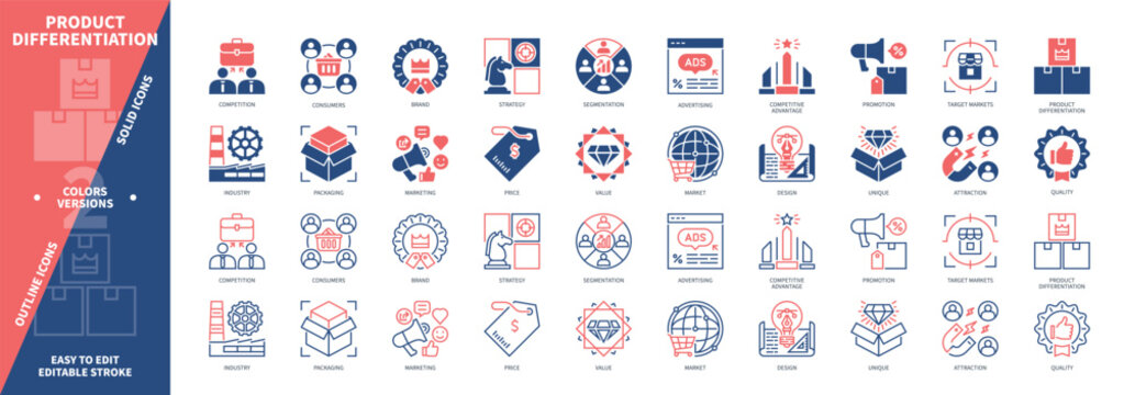 Product Differentiation icon set. Unique, Packaging, Competitive Advantage, Value, Attraction, Marketing, Segmentation, Promotion. Duotone color solid and editable outline icons - Powered by Adobe