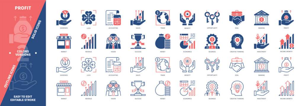 Profit icon set. Creative Thinking, Income Growth, Investment, Dividends, Luck, Economics, Revenue, Accounting. Duotone color solid and editable outline icons