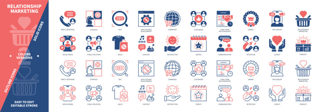 Relationship Marketing icon set. Communication, Direct Response, SEO, Social Media, Influencer, Satisfaction, Loyalty, Retention. Duotone color solid and editable outline icons