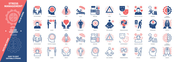 Stress Management icon set. Psychotherapy, Running, Humor, Anxiety, Depression, Healthy Lifestyle, Fatigue, Relax. Duotone color solid and editable outline icons