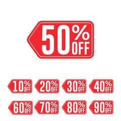 Promotion hold tag. Special offer discount on red tags shapes with different value percent off 90, 80, 70, 60, 50, 40, 30, 20, and 10%.