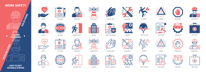 Work Safety icon set. Prevention, Helmet, Gloves, Injury, Emergency Exit, Equipment, Training. Duotone color solid and editable outline icons