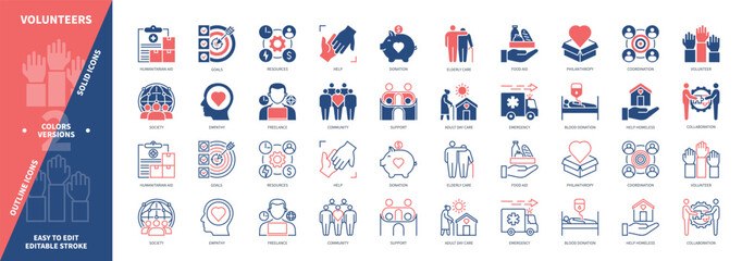 Volunteer icon set. Elderly Care, Philanthropy, Help Homeless, Humanitarian Aid, Empathy, Food Aid, Resources, Emergency. Duotone color solid and editable outline icons