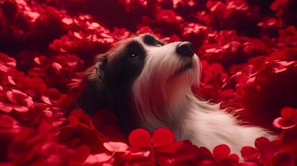 Adorable Dog Surrounded by Red Flowers Pet Photography