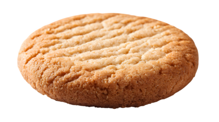 A single, freshly baked, simple, round shortbread cookie, perfectly golden brown, isolated on a pure Transparent Background.