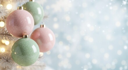 Pink green christmas ornaments baubles hanging white background soft pastel holiday decoration festive seasonal celebration. Christmas decoration concept
