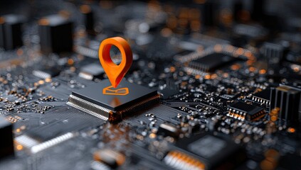 Orange location pin atop a dark circuit board.  Close-up view of microchip