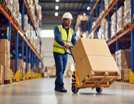 Warehouse Employee Moving Boxes with a Pallet Jack - Powered by Adobe