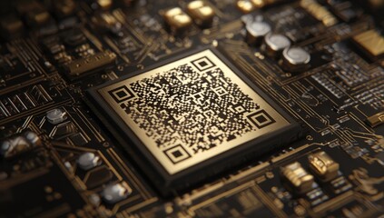 Close-up of a golden QR code embedded in a complex circuit board. Intricate circuit patterns in dark gold and black. High-tech, digital design