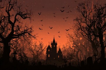 Silhouette of a spooky castle at night with bats flying above and tombstones in the foreground