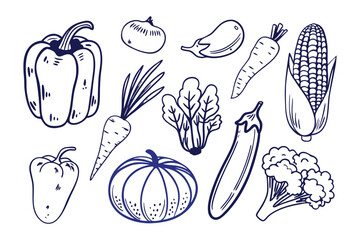 Fresh Harvest of Vegetables: A delightful assortment of hand-drawn vegetables showcases a vibrant collection of culinary staples, perfect for health and nourishment.