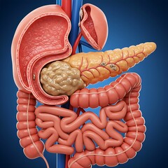 the pancreas and duodenum in situ with surrounding organs like the liver and stomach, offering a broader view of the upper abdominal cavity.